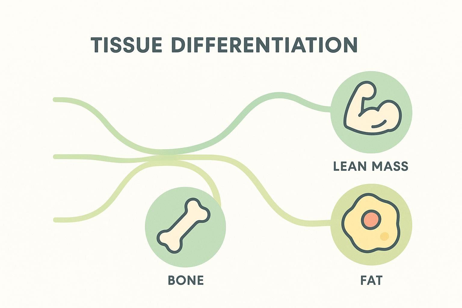 A simple diagram labeled 'TISSUE DIFFERENTIATION'. It shows lines connecting to three circular icons: an arm with a flexed bicep labeled 'LEAN MASS', a bone labeled 'BONE', and a fat cell labeled 'FAT'.