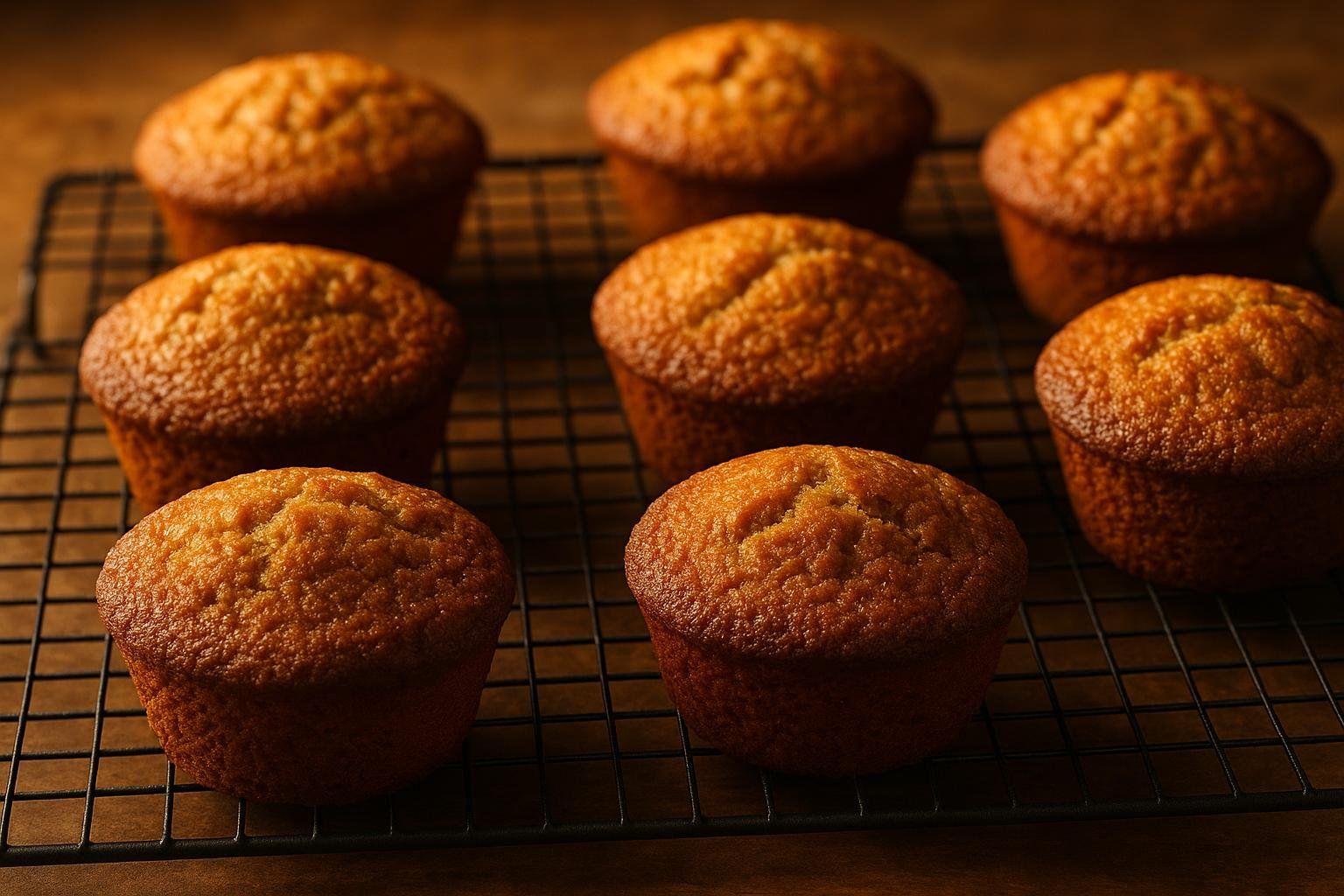 Golden brown muffins cooling on a rack.