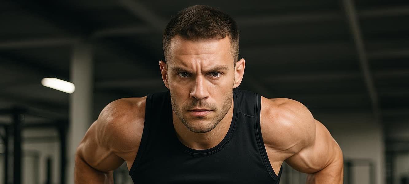 Close-up shot of an athletic man with an intense expression on his face.
