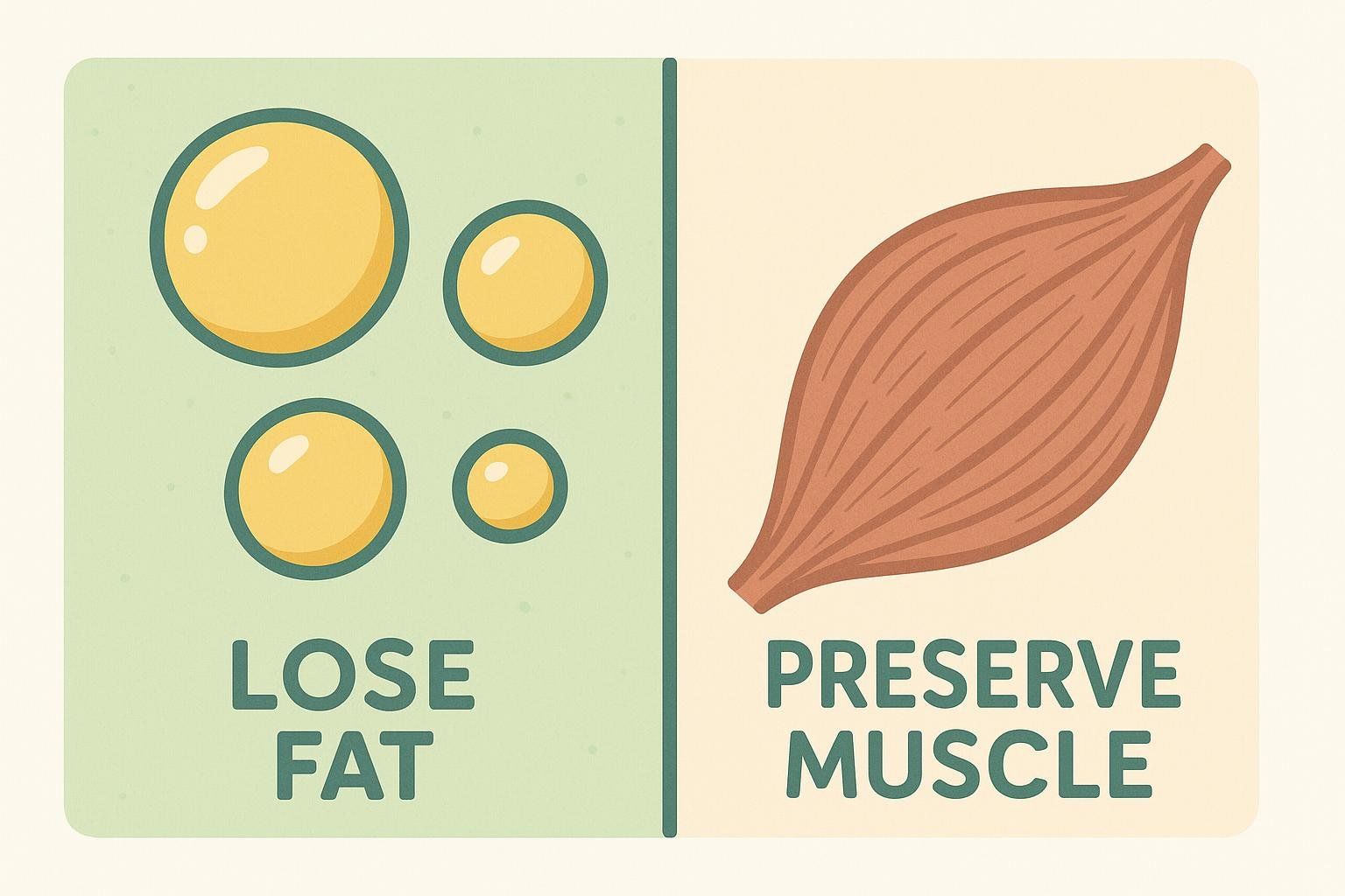 Illustration showing four yellow circles on a green background labeled "LOSE FAT", representing shrinking fat cells. Beside it, on a lighter background, is an illustration of a preserved muscle fiber labeled "PRESERVE MUSCLE".