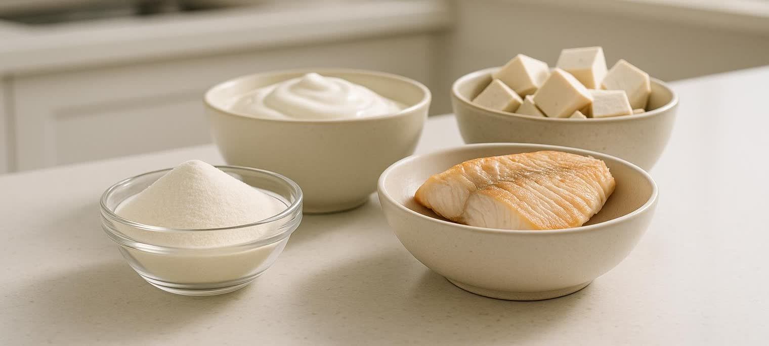 Four bowls containing natural peptide sources are arranged on a clean kitchen counter. These include collagen powder, yogurt, cubed tofu, and a fillet of cooked fish.