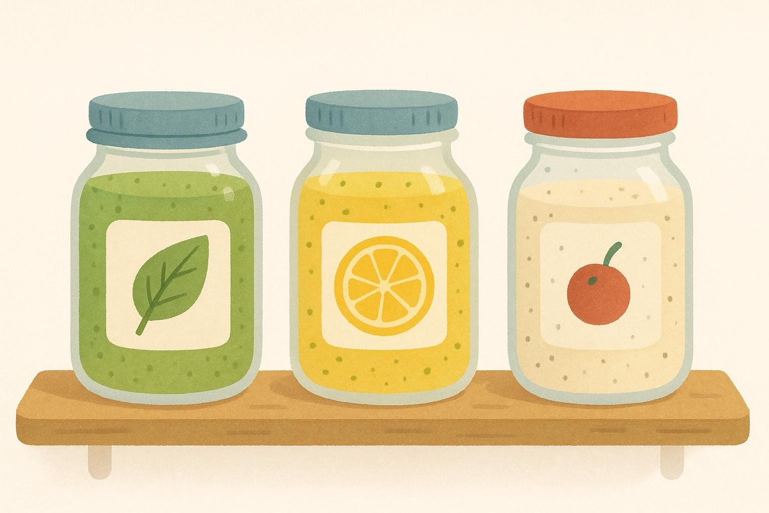 An illustration of three jars of salad dressing, representing making components ahead of time for less stress.