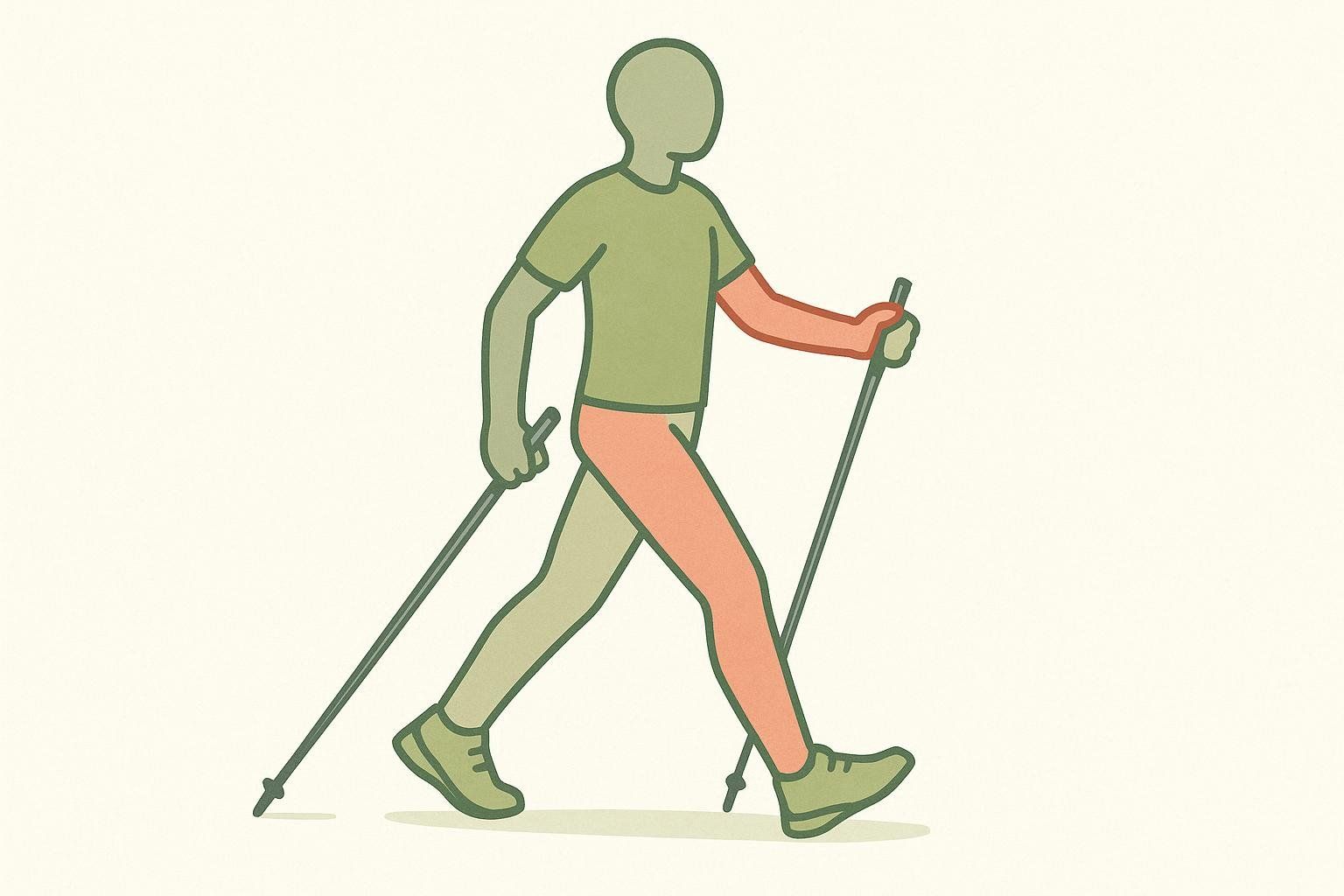 An illustration showing the correct Nordic walking technique of moving the opposite arm and leg forward at the same time.
