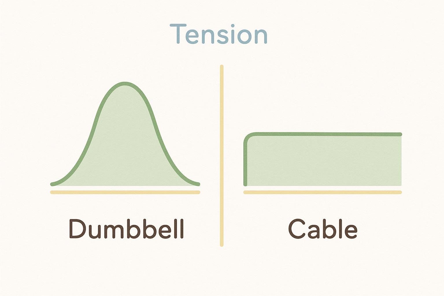 A simplified diagram showing the tension profiles for dumbbell and cable curls. The dumbbell curl is represented by a bell-shaped curve, indicating inconsistent tension, while the cable curl is represented by a flat-top shape, indicating constant tension.