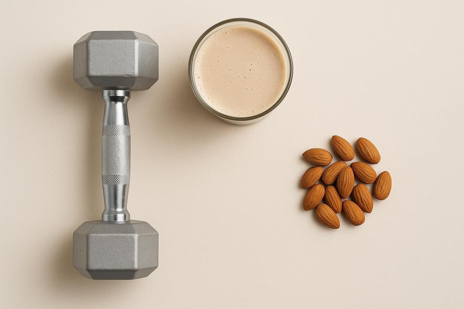 A gray dumbbell, a glass of protein shake, and a small pile of almonds, arranged on a light background. This image symbolizes strength training and high-protein nutrition.