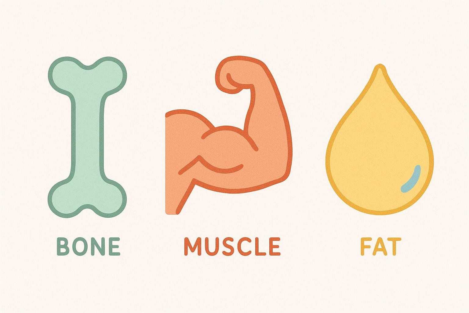 Illustration showing icons for bone, lean mass (muscle), and fat mass, representing the three components measured by DEXA.