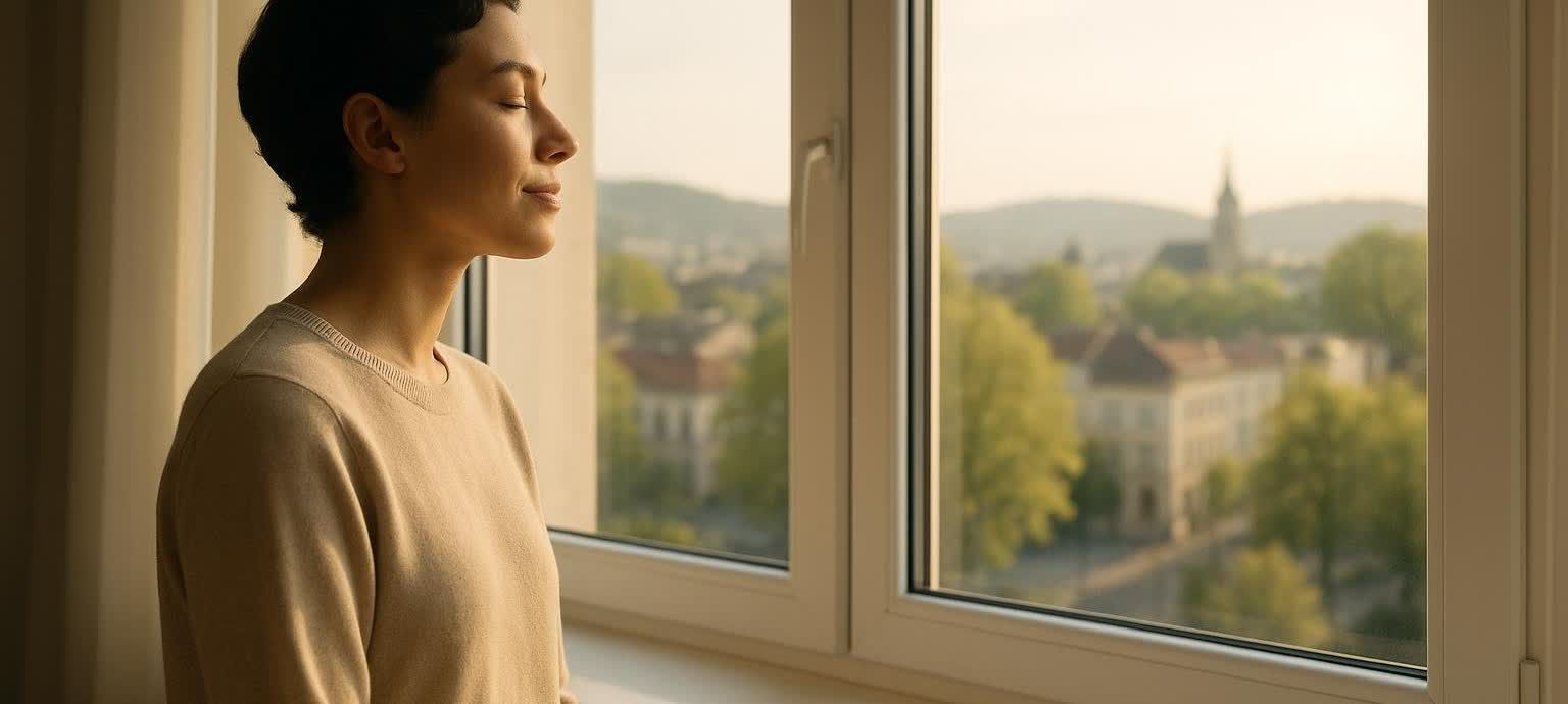 A woman with short dark hair, wearing a neutral-colored long-sleeved shirt, standing by a window with eyes closed and a calm expression. Outside the window, a blurred city landscape with buildings, trees, and hills is visible under soft natural light.