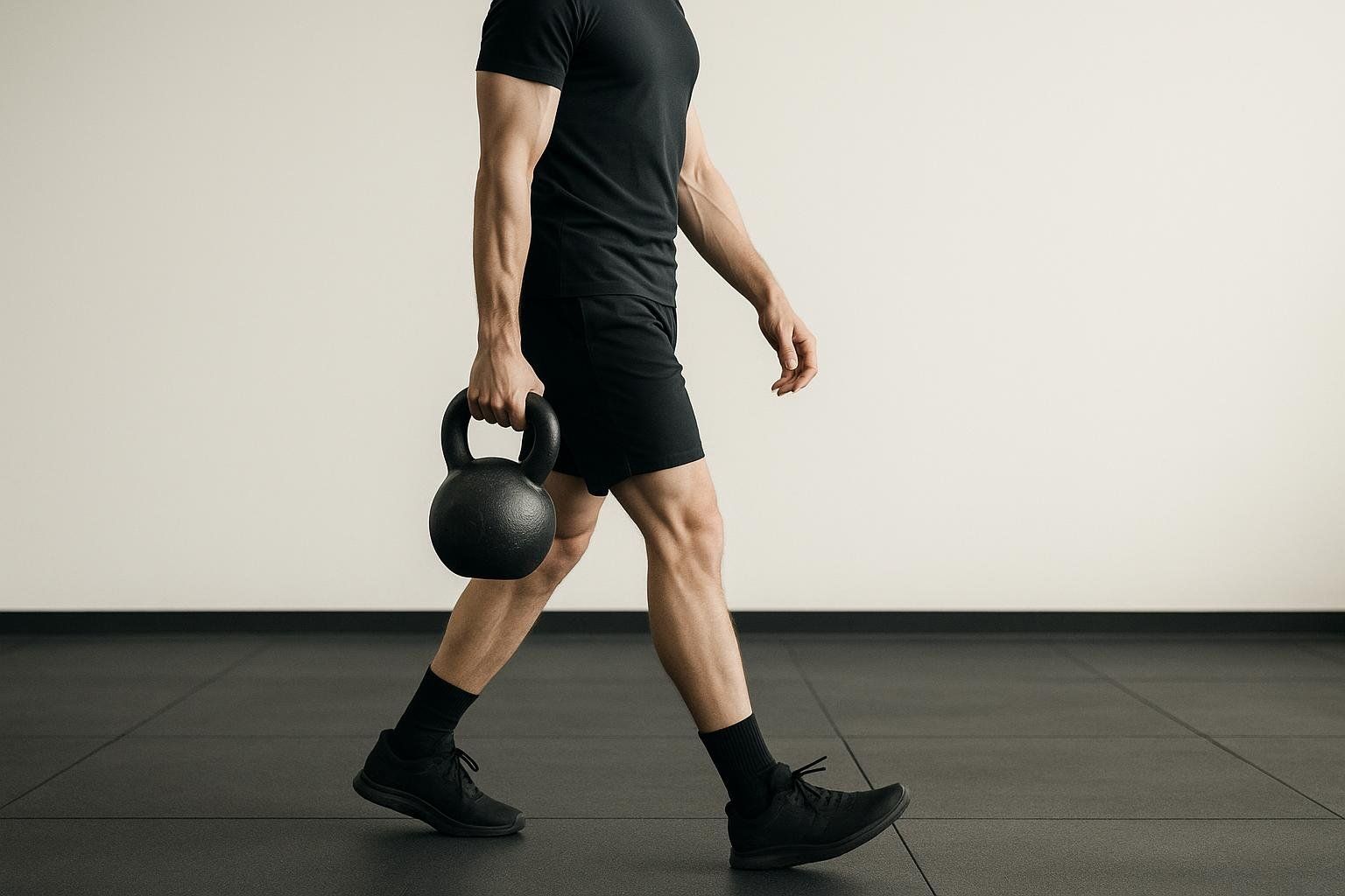 A man in black athletic wear demonstrates perfect form during a suitcase carry exercise, walking across a dark gym floor while holding a heavy kettlebell in one hand.