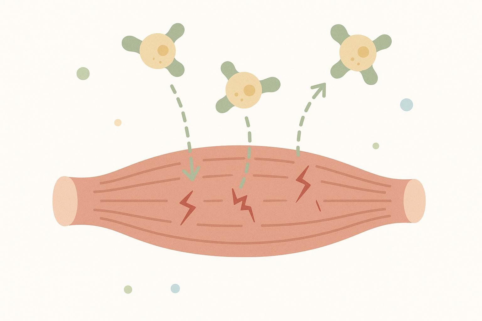 An abstract illustration depicting muscle damage and repair at a cellular level, with orange lightning bolt shapes representing damage within a pink muscle fiber, and three green and yellow molecules with dashed lines indicating their interaction with the muscle fiber for repair.