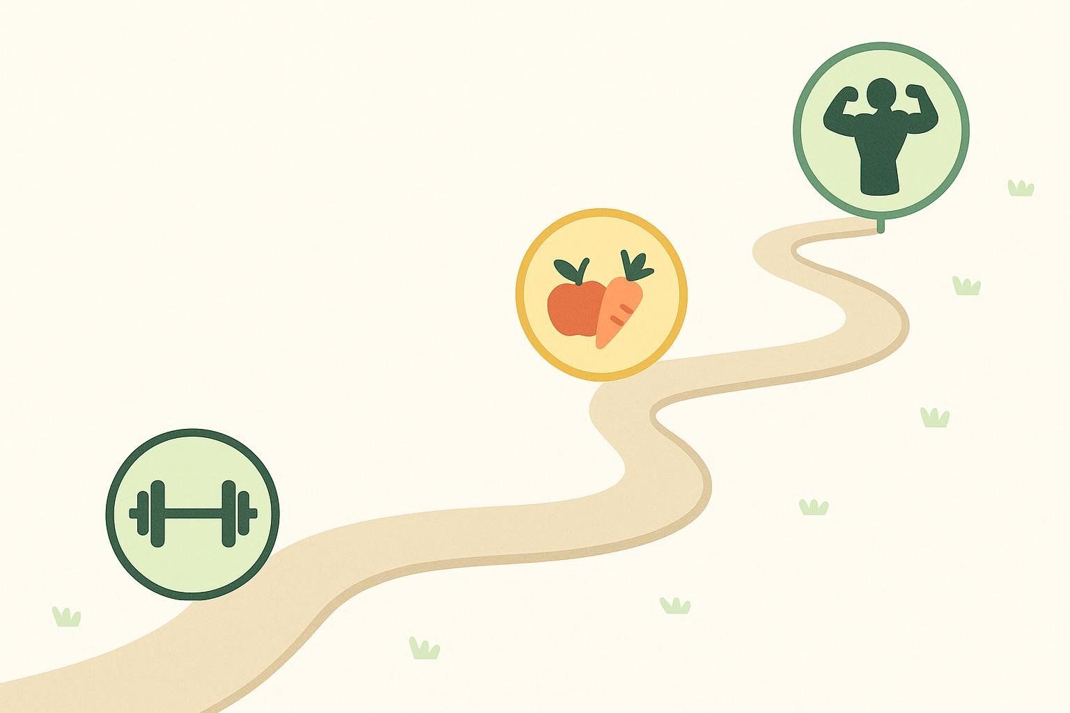 An infographic illustration of a winding path with milestones, representing the long journey of bodybuilding competition prep.