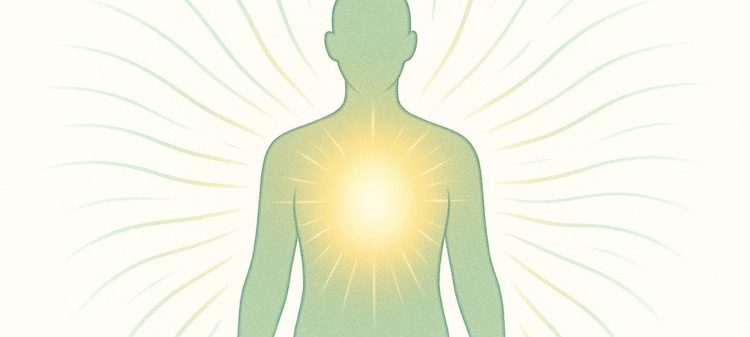 A stylized illustration depicts the upper torso of a human figure in profile, colored in shades of faded green. A bright, glowing yellow core emanates from the center of the chest, representing the resting metabolic rate (RMR), with rays of light extending outwards. The background is a clean white, further emphasizing the central figure and its glow.