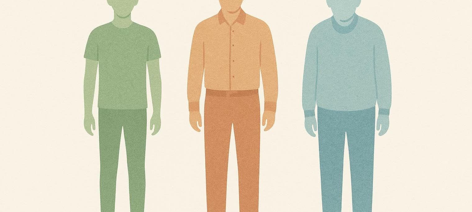 Illustration of three faceless men standing upright, each representing a different age group: a young adult in a green t-shirt and trousers, a middle-aged man in an orange collared shirt and trousers, and a senior man in a light blue sweater and trousers.