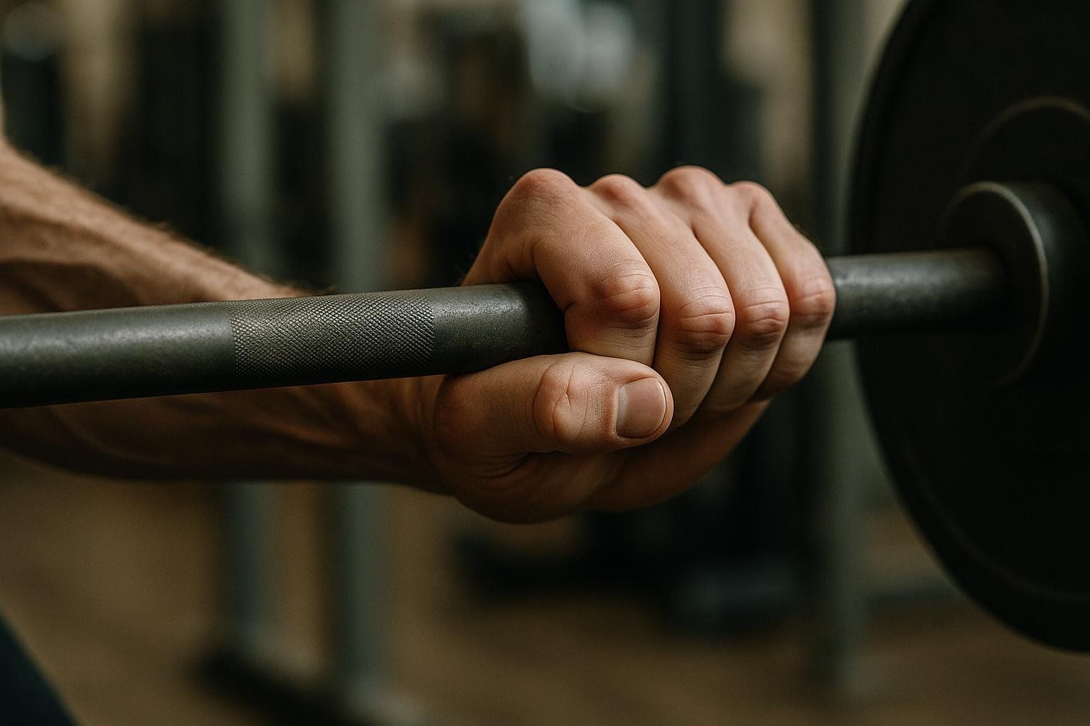 Two hands gripping a textured barbell bar.