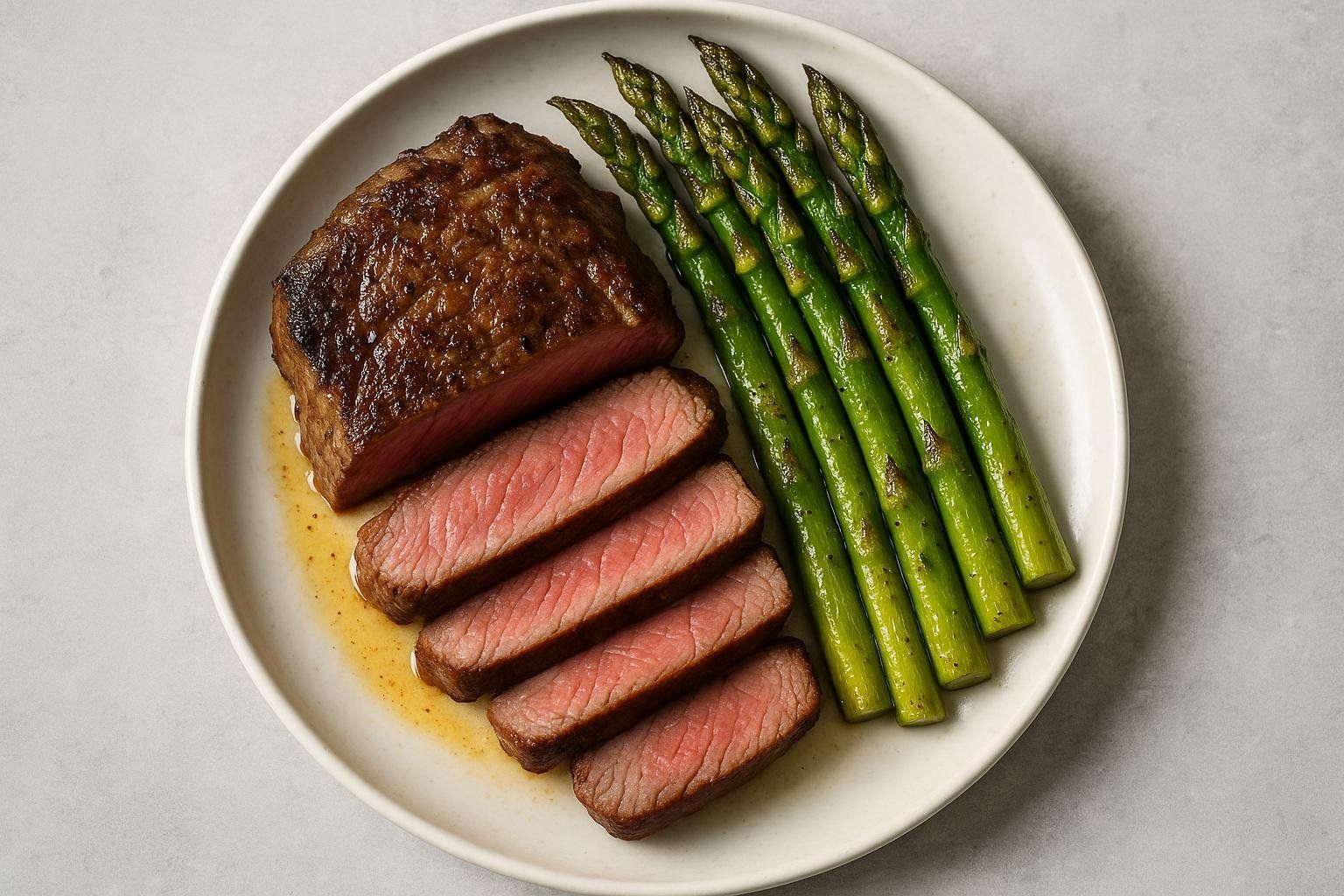 An overhead view of a perfectly seared steak, sliced to show its medium-rare interior, served alongside vibrant green asparagus spears on a white plate. The plate sits on a light gray surface.