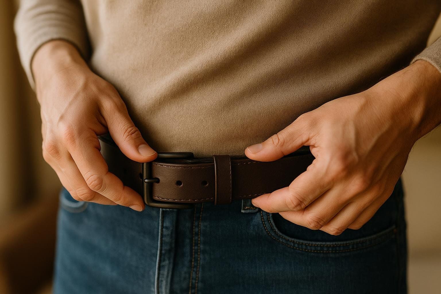 Close-up of a person's hands fastening a dark brown leather belt on a looser notch, suggesting a smaller waist. The person is wearing a light brown sweater and blue jeans.