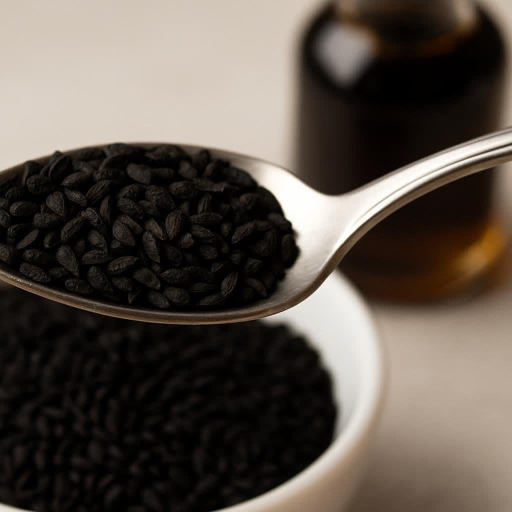 A close-up of a silver spoon holding black cumin seeds, positioned above a white bowl filled with more seeds. A dark amber colored bottle is visible and out of focus in the background.