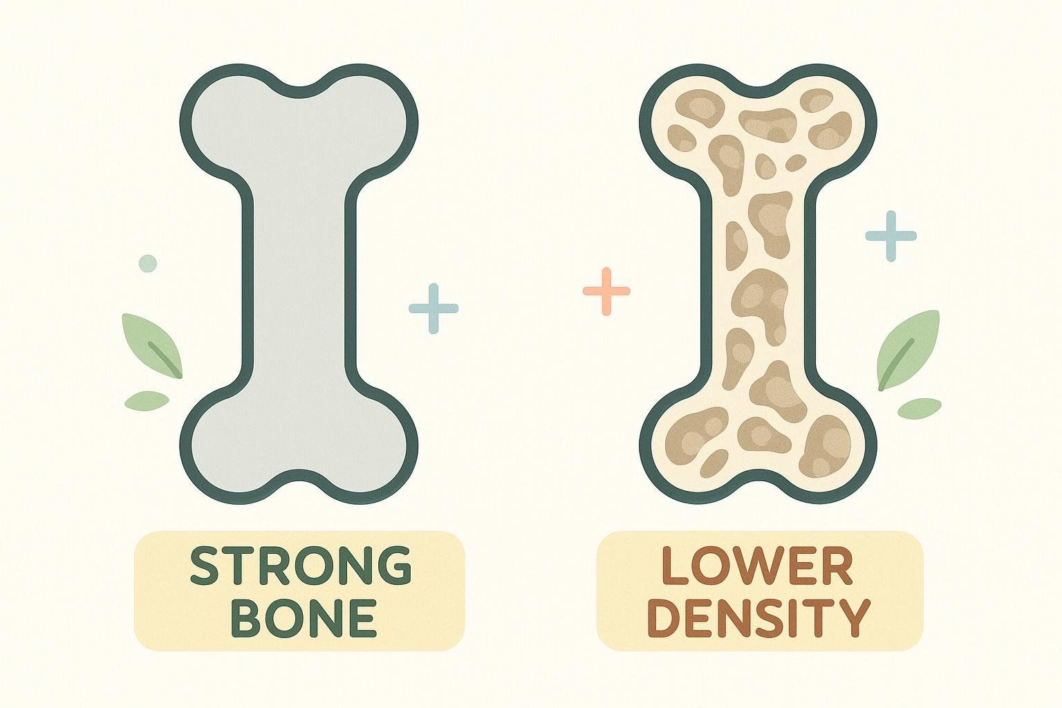 Illustration comparing a strong, dense bone on the left with a lower density bone on the right, labeled 'Strong Bone' and 'Lower Density'.