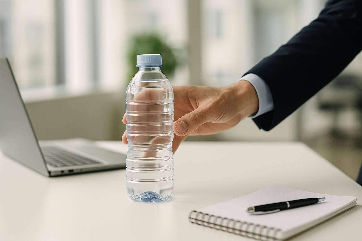 A close-up shot of a hand in a business suit reaching for a plastic water bottle on a white office desk. A laptop and a spiral notebook with a pen are also visible on the desk.