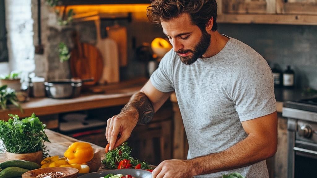 A man with a beard in a grey t-shirt adding herbs to a bowl of salad ingredients in a kitchen. There are vegetables and spices on a wooden countertop.