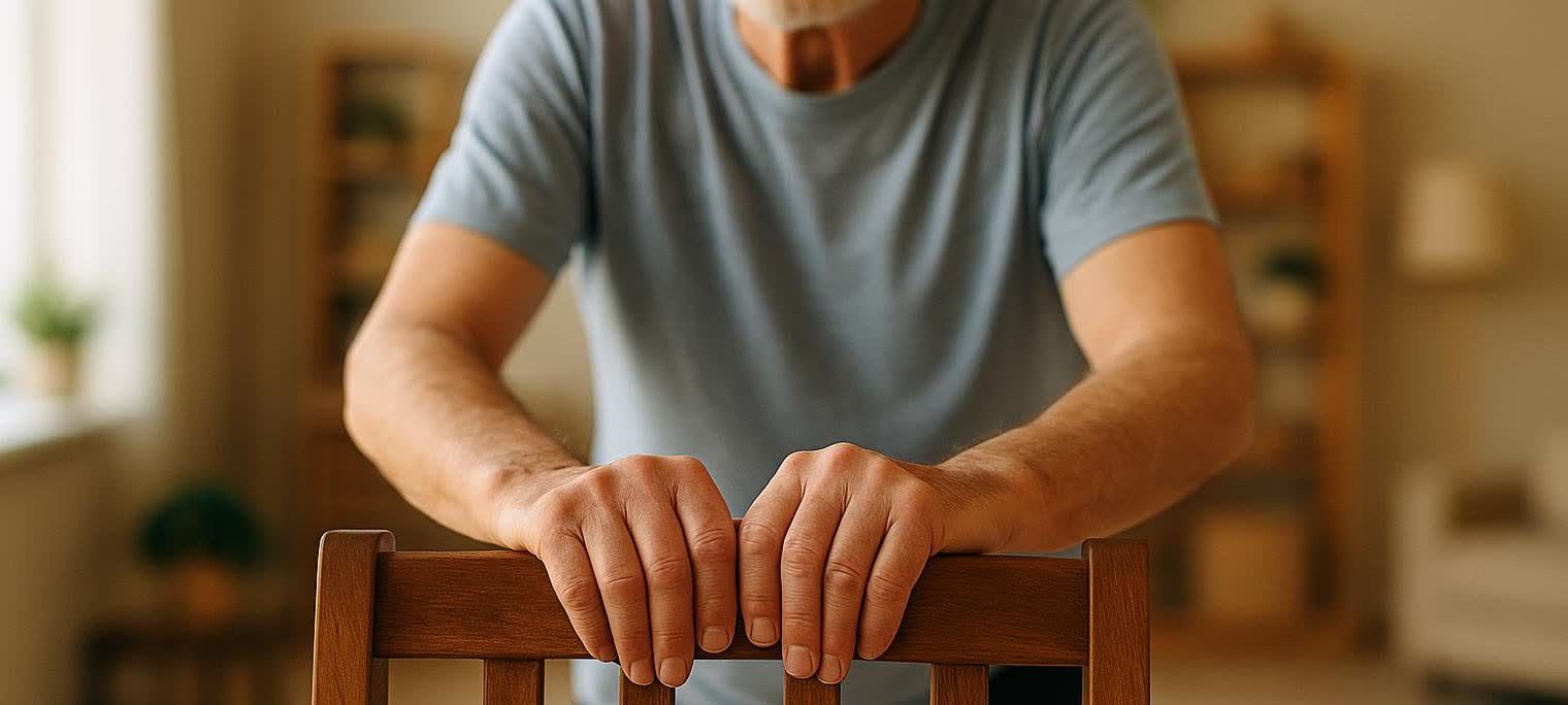 Close-up of an older man's hands on a chair, ready to perform exercises safely with support.