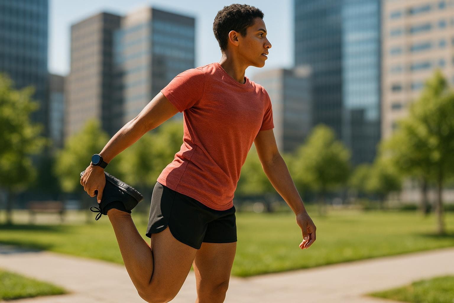 A person in an orange t-shirt and black shorts stretches their quad in an urban park, with tall buildings in the background.
