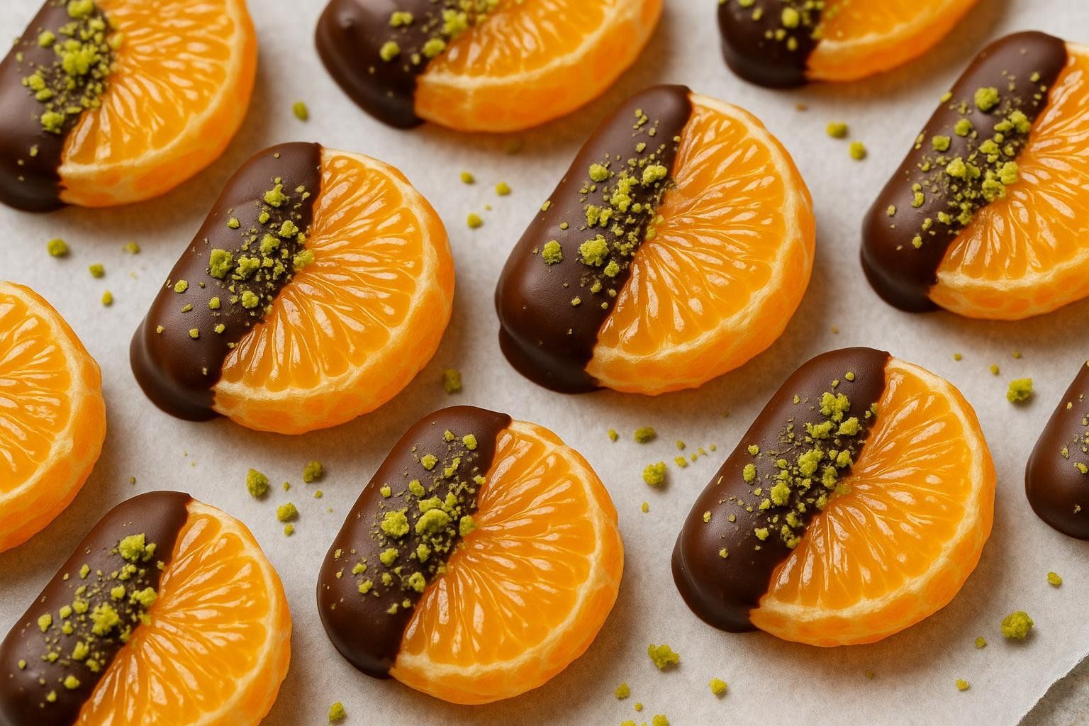 Close-up of bright orange tangerine or mandarin orange slices, partially dipped in dark chocolate and sprinkled with crushed green pistachios. The slices are arranged in rows on a light surface, creating an appealing pattern.