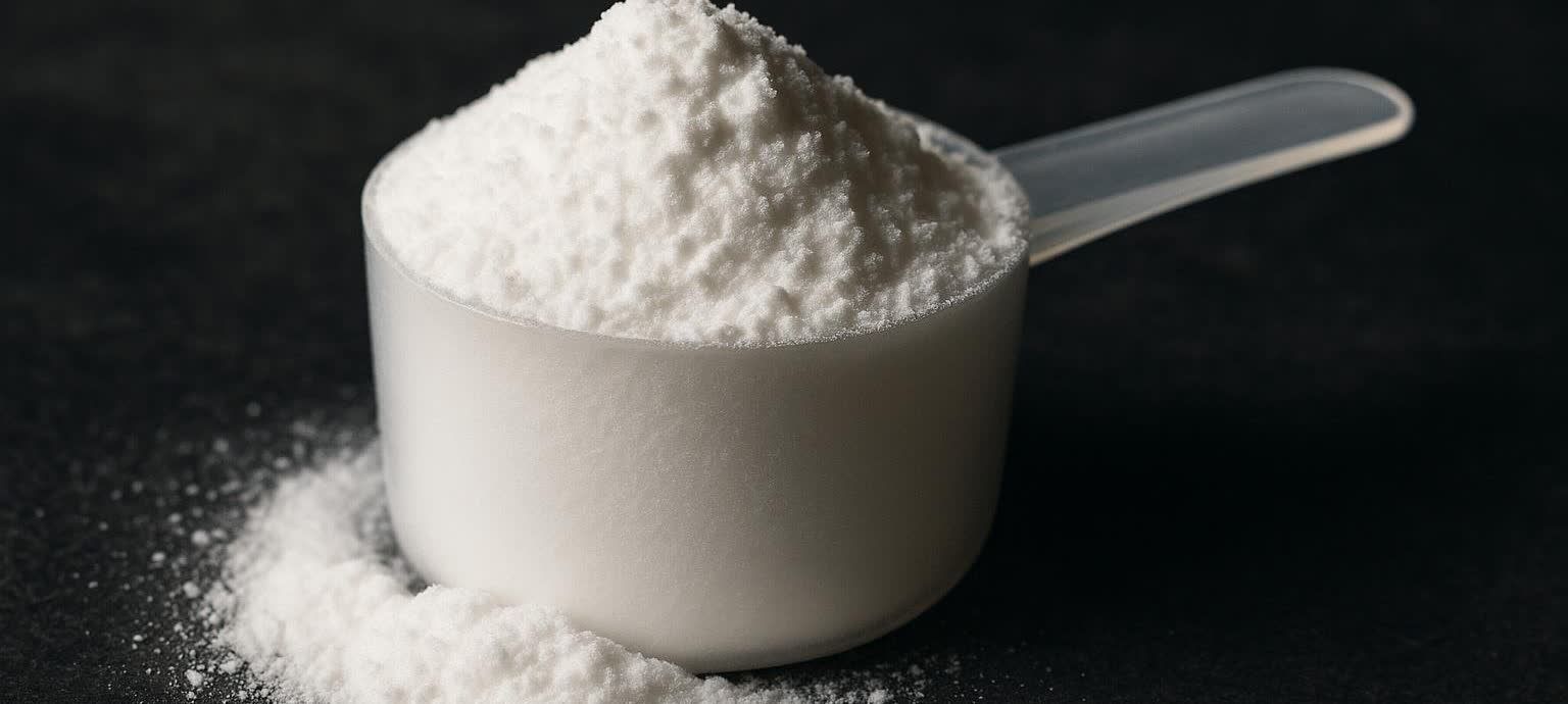 A close-up shot of a white scoop overflowing with white creatine powder on a dark surface, with some powder spilled around the base of the scoop.