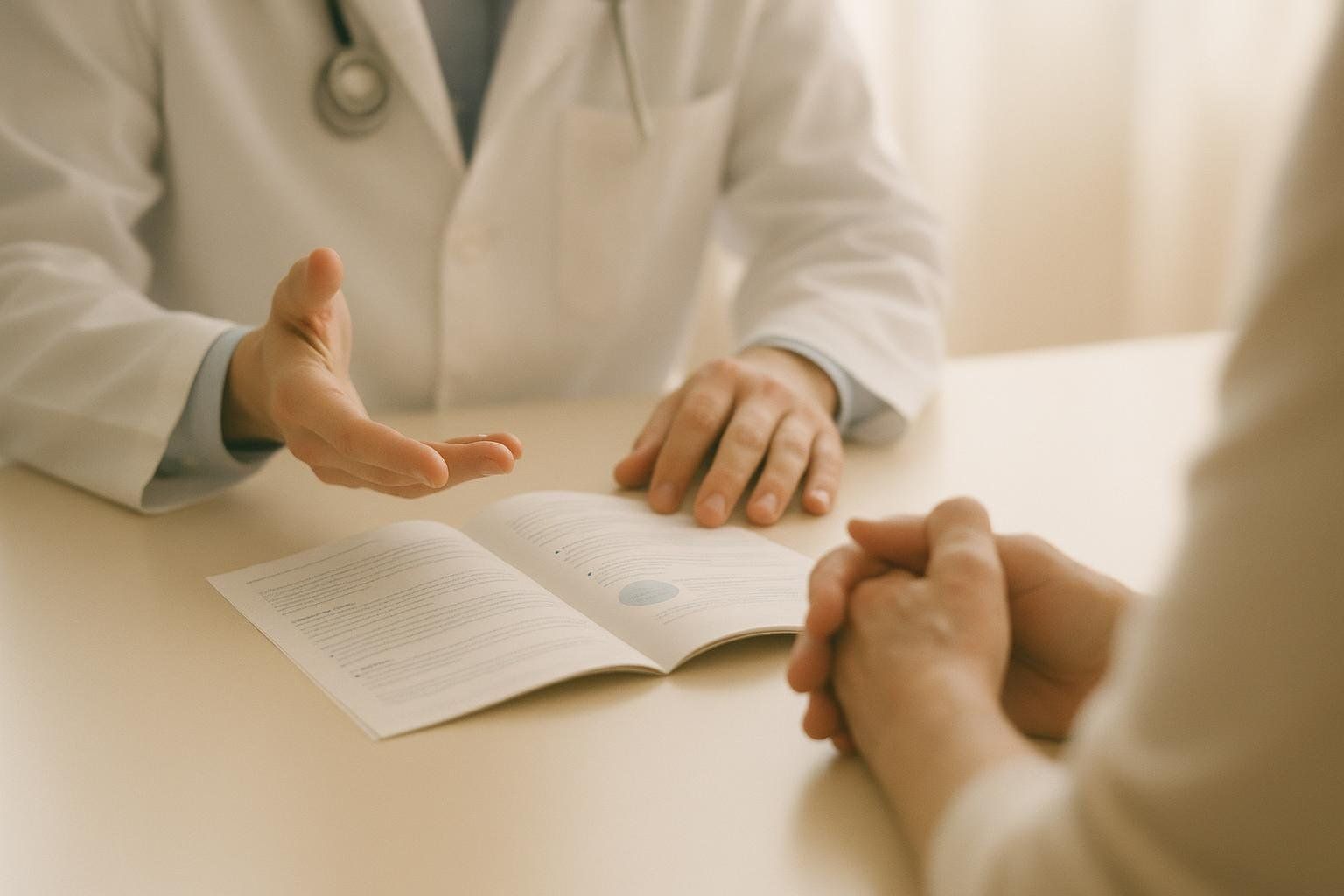 A close-up shot of a doctor with a stethoscope in a white coat explaining something to a patient, with an open book on the table between them. The doctor gestures with one hand while the patient's hands are clasped in front.