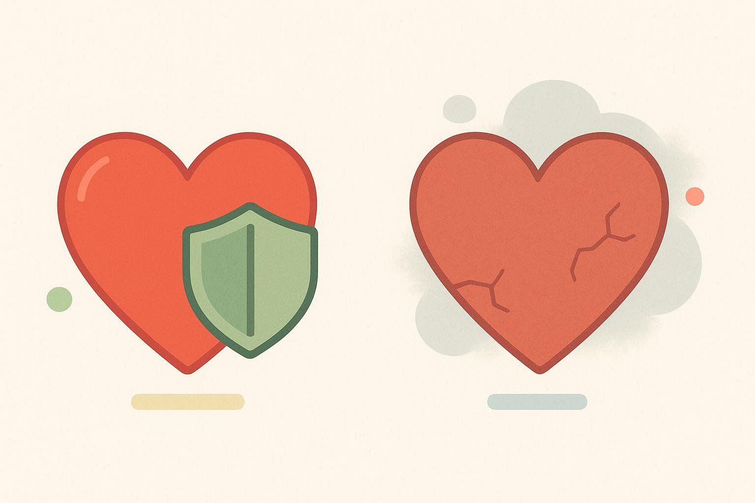 Illustration contrasting a healthy heart with a green shield over it with a fractured and damaged heart on the right, symbolizing cardiometabolic risk.