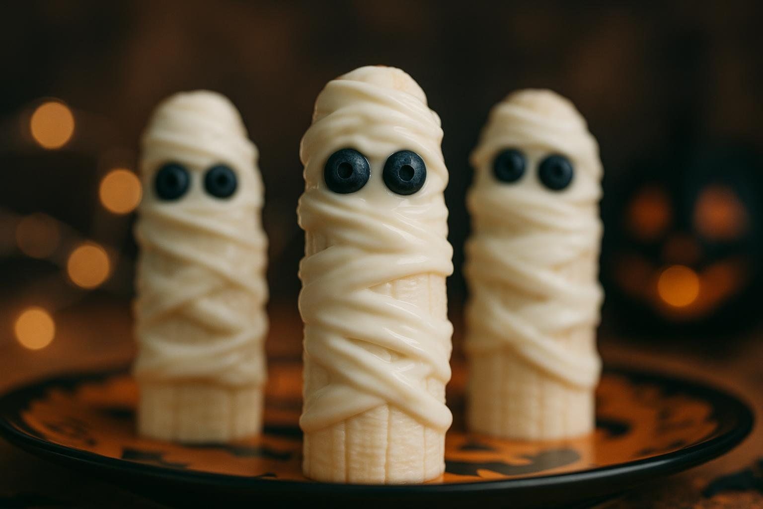 Three banana halves decorated to look like mummies with yogurt bandages and blueberry eyes, standing on an orange and black Halloween-themed platter. Blurry string lights and a jack-o'-lantern are in the background.