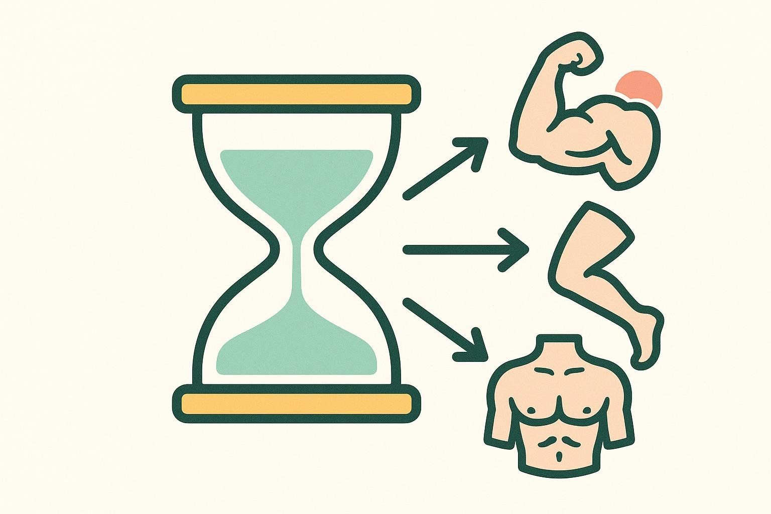 An illustration showing an hourglass with sand flowing, pointing with arrows to three distinct muscle icons: a bicep, a leg, and a torso. This visual metaphor suggests that compound exercises save time by working multiple muscle groups simultaneously.