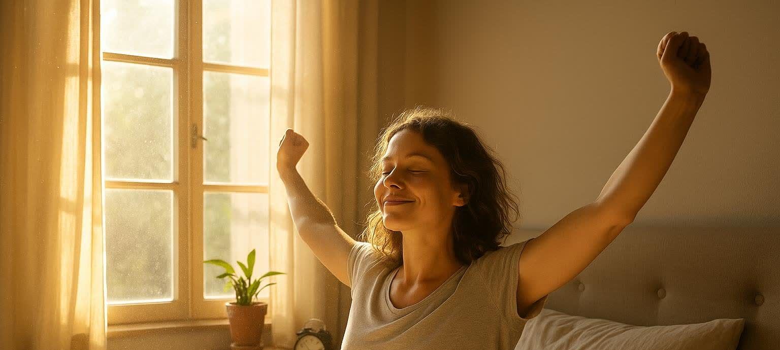 A woman with her eyes closed and a gentle smile stretches her arms above her head, bathed in warm morning sunlight streaming through a window.