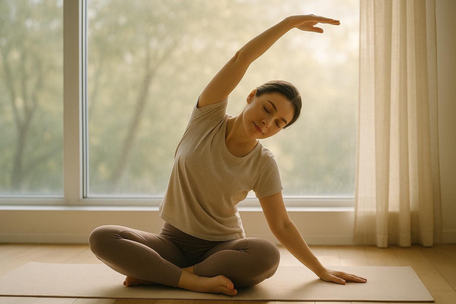 A woman with her eyes closed and a peaceful expression is doing a gentle yoga stretch, bending to her left with her right arm extended upwards. She is sitting cross-legged on a yoga mat in front of a large window, with light curtains to the right.