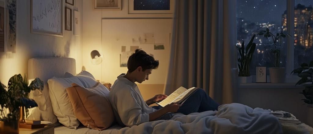 A person lies in bed at night, reading a book illuminated by the light from the pages. Plants sit on a windowsill with a city view in the background.
