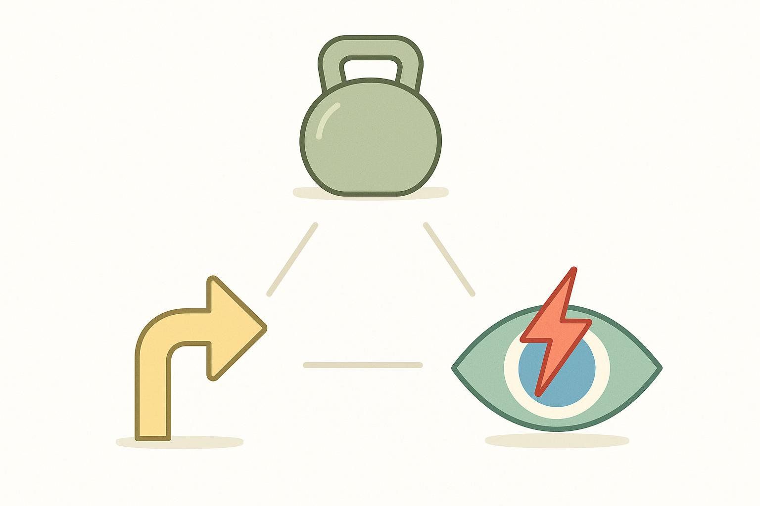 Infographic showing three icons representing the core components of agility: strength (a kettlebell), change-of-direction skill (a curved arrow), and reactive skill (an eye with a lightning bolt).