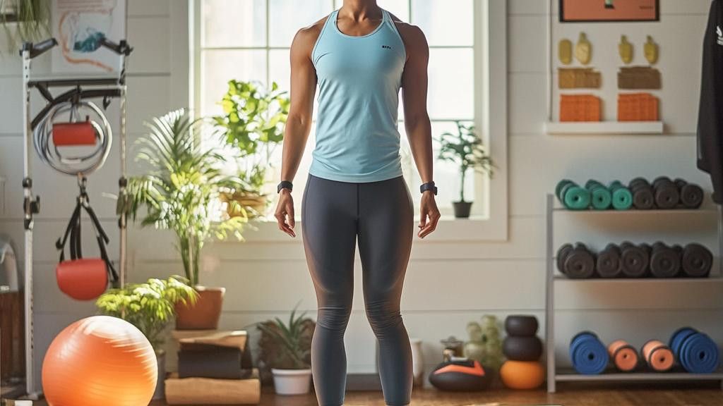 A woman in workout clothes stands centered in a brightly lit home gym, surrounded by exercise equipment like resistance bands, dumbbells, and yoga mats. She wears a blue tank top and dark leggings, with smartwatches on each wrist.