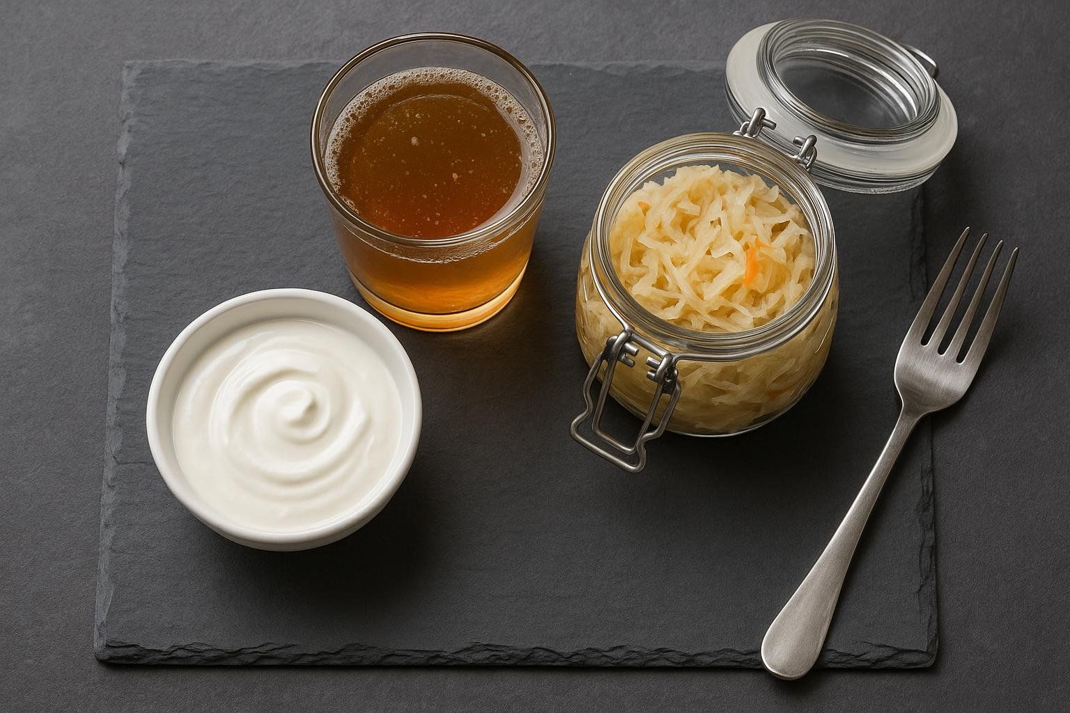 A top-down shot of a collection of probiotic-rich foods on a dark slate board. A white bowl of yogurt sits to the left, a glass of kombucha is in the center, and a jar of sauerkraut with its lid beside it is on the right. A silver fork rests next to the sauerkraut.