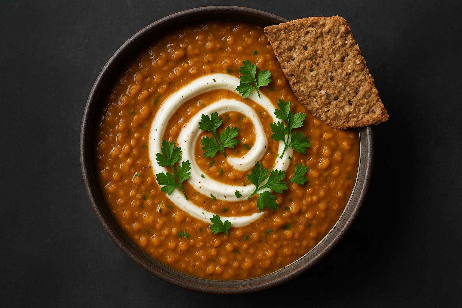 A close-up, overhead shot of a bowl of orange-brown lentil soup, garnished with a swirl of white cream and fresh green parsley sprigs. A whole-grain cracker rests on the rim of the bowl.