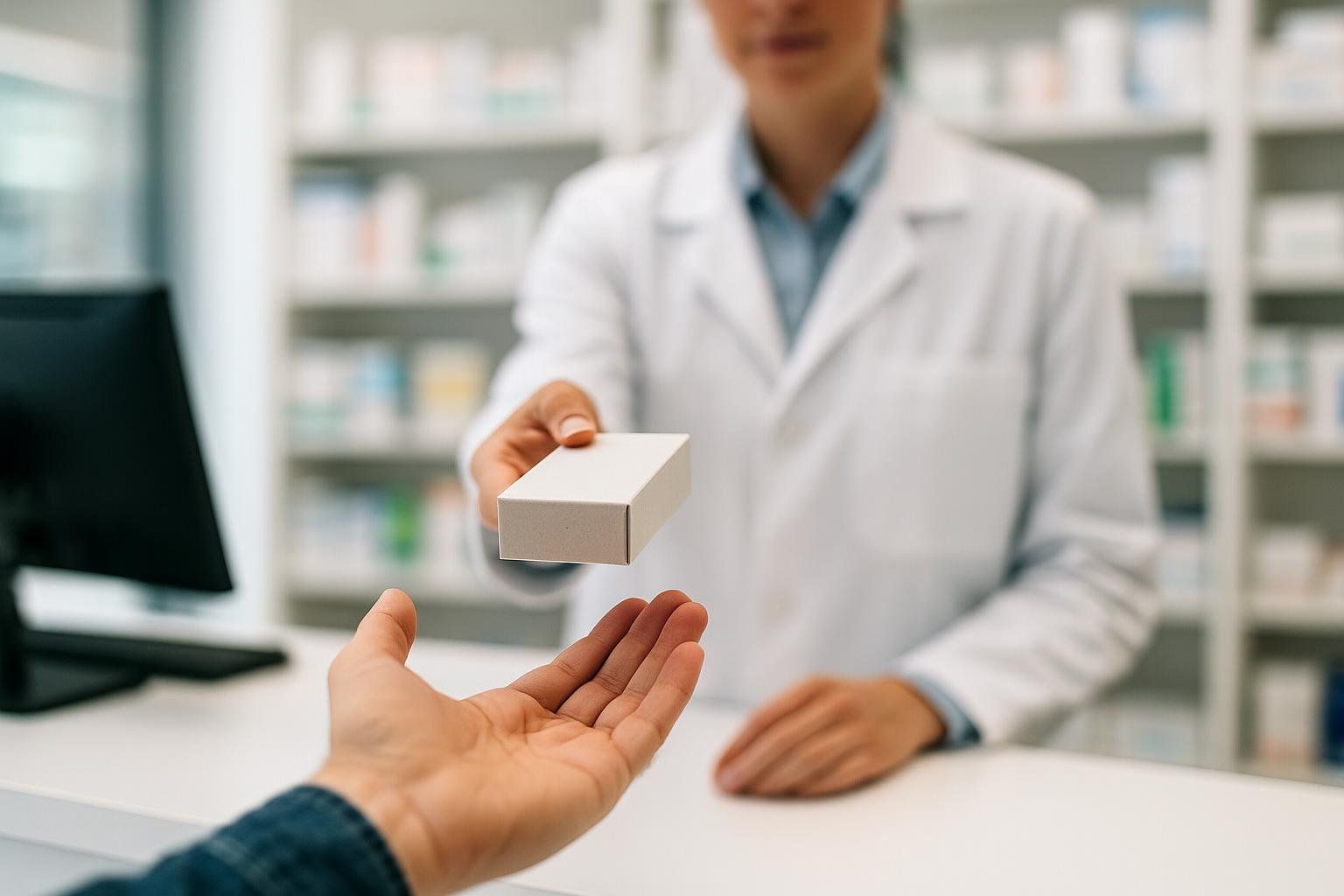 A pharmacist in a white coat hands a customer a small, discreet white package across a counter.