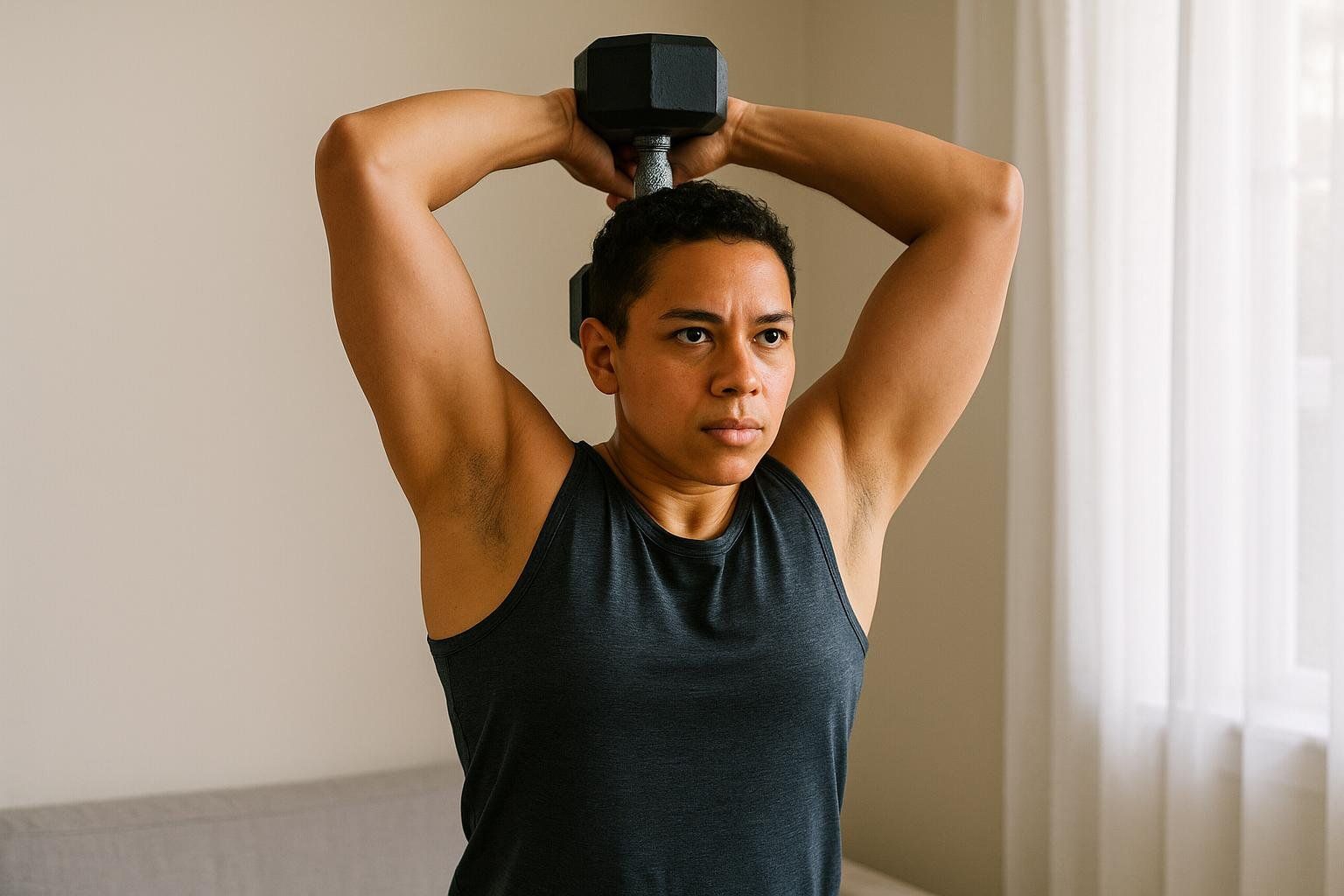 A person in a dark gray exercise top performing a dumbbell overhead triceps extension in a room that appears to be a home.