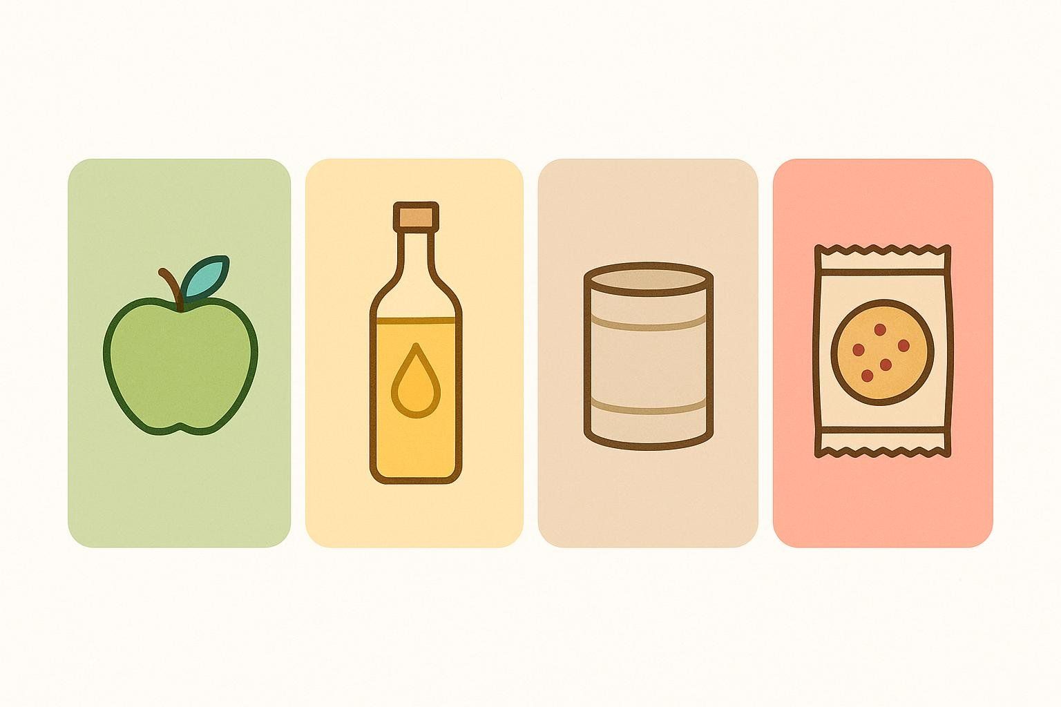 An infographic showing the four NOVA food groups represented by icons: an apple for unprocessed, a bottle of oil for culinary ingredients, a can for processed, and a cookie in a wrapper for ultra-processed.