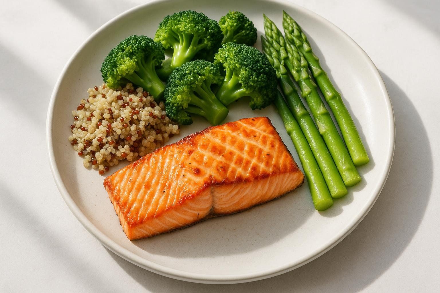 A healthy meal with a serving of grilled salmon, steamed broccoli, asparagus, and quinoa on a white plate. The salmon is perfectly cooked with a golden crust, and the vegetables are bright green and fresh.