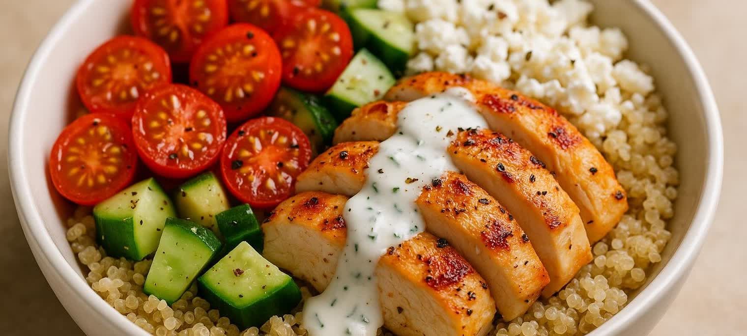 A close-up of a Greek chicken power bowl featuring sliced grilled chicken drizzled with a creamy white sauce, fresh cherry tomatoes, diced cucumbers, crumbled feta cheese, and quinoa, presented in a white bowl. It highlights a healthy, high-protein meal.