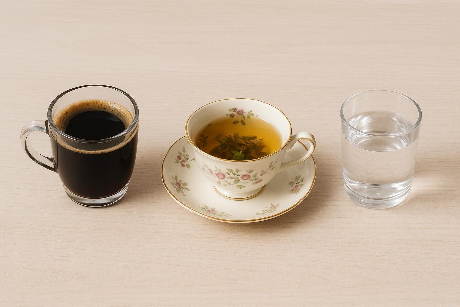 A flat lay showcasing three approved fasting drinks: a glass mug of black coffee, an ornate teacup with herbal tea, and a glass of water, all arranged neatly on a light wooden surface.