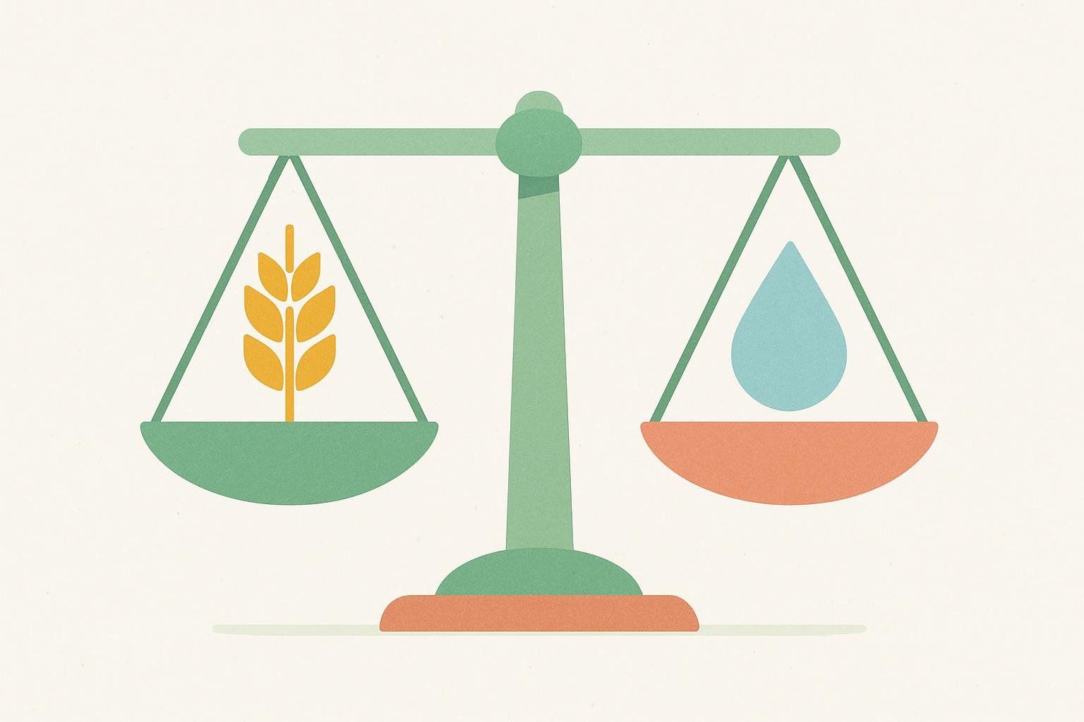 An abstract illustration of a balanced scale, with a stylized stalk of grain on the left and a blue water droplet on the right.