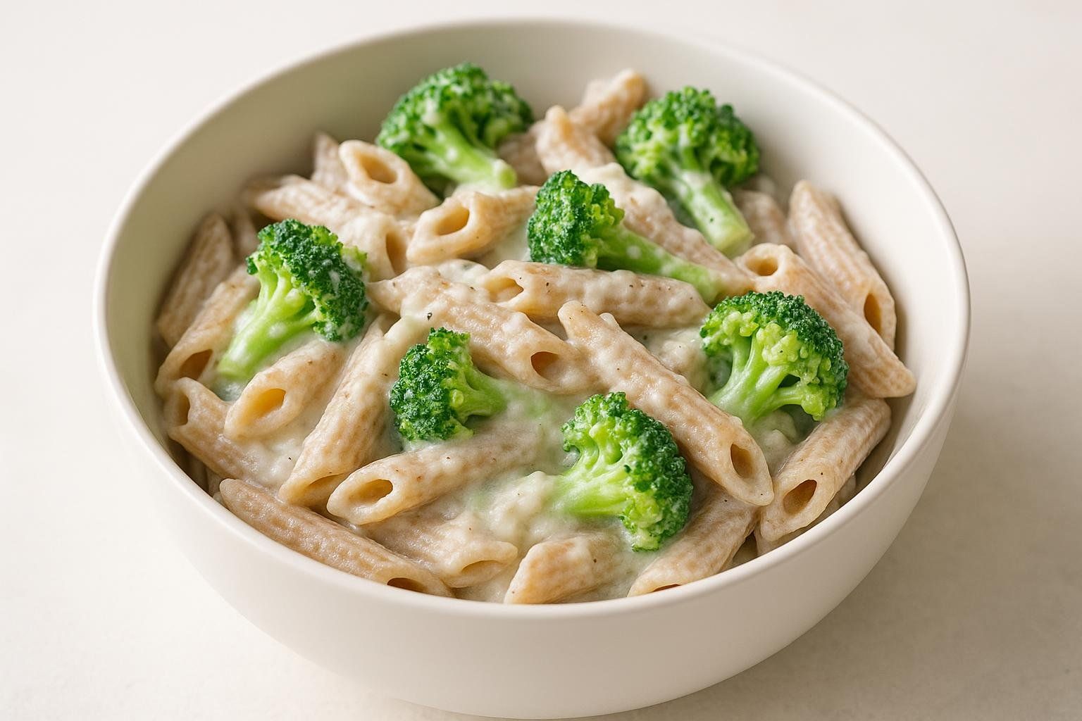 A close-up of a white bowl filled with creamy cottage cheese alfredo pasta and bright green broccoli florets. The penne pasta is coated in a light sauce with specks of seasoning.