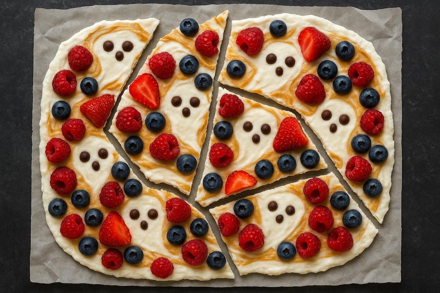Overhead view of cracked Greek yogurt bark in a circular shape, cut into slices. The bark is topped with peanut butter swirled into the yogurt to form ghost-like shapes, with chocolate chips for eyes and mouths. It's garnished with fresh raspberries, blueberries, and sliced strawberries, resembling a festive, spooky dessert or snack.