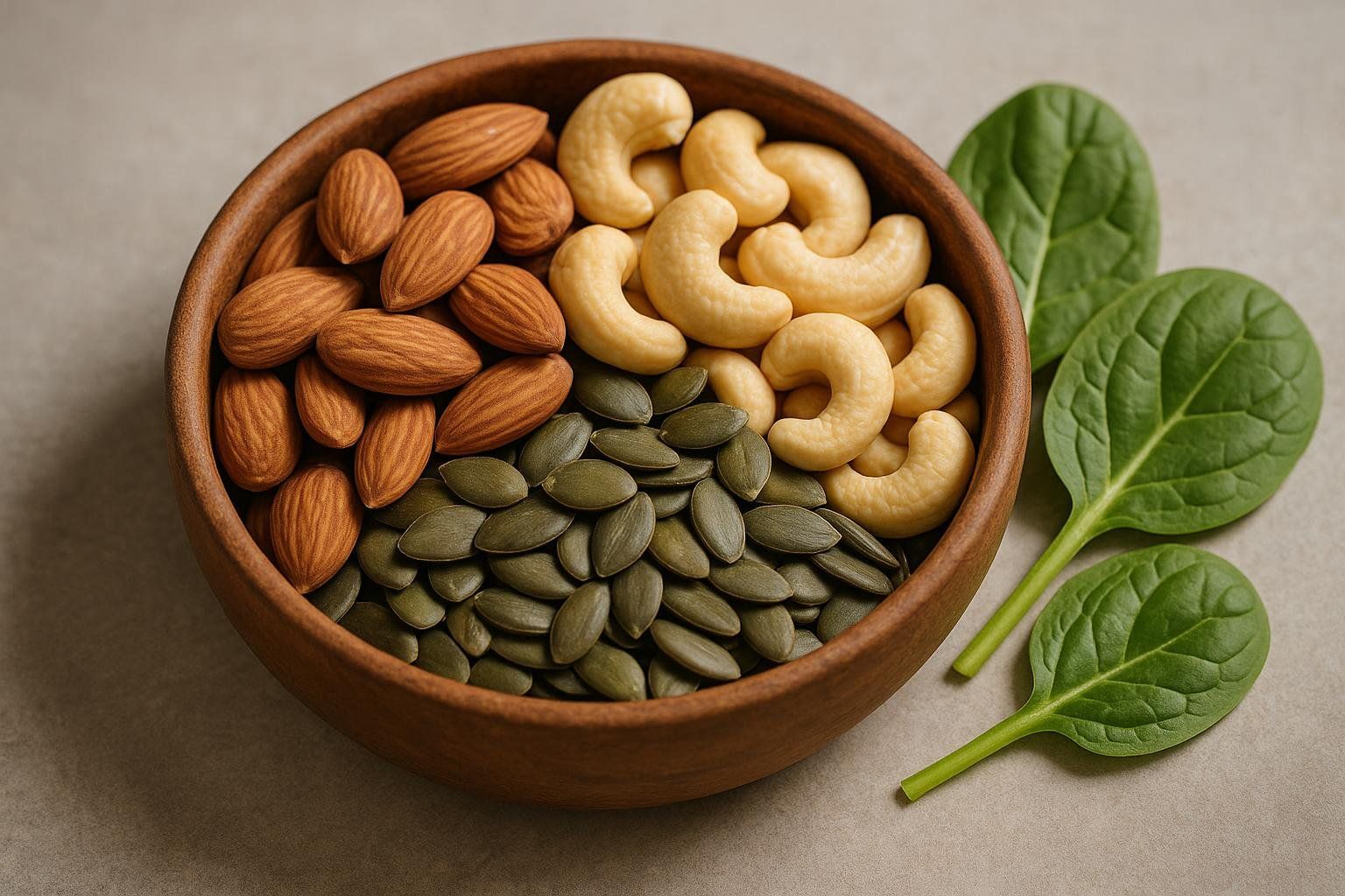 A wooden bowl filled with three sections of food: almonds, cashews, and pumpkin seeds. Two green spinach leaves are placed next to the bowl, emphasizing magnesium-rich food sources.