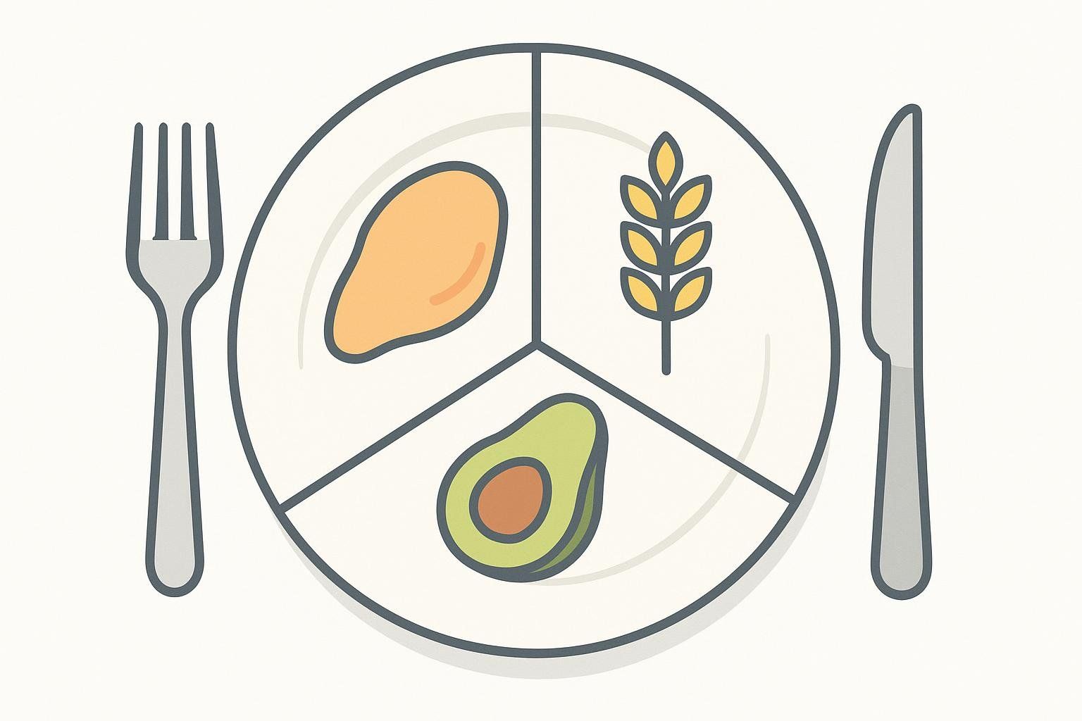 An illustrated plate divided into three sections, featuring icons representing macronutrients: a chicken breast for protein, an ear of wheat for carbohydrates, and an avocado for fats, emphasizing balanced nutrition.
