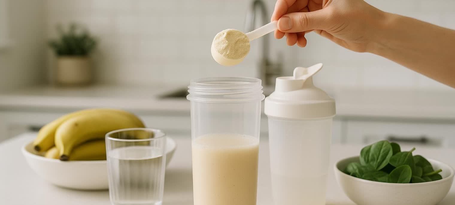 A person scooping golden colostrum supplement powder from a white spoon into a clear drink shaker containing a light-colored liquid. On the clean kitchen counter are also a glass of water, a bowl of bananas, another empty shaker, and a bowl of spinach.